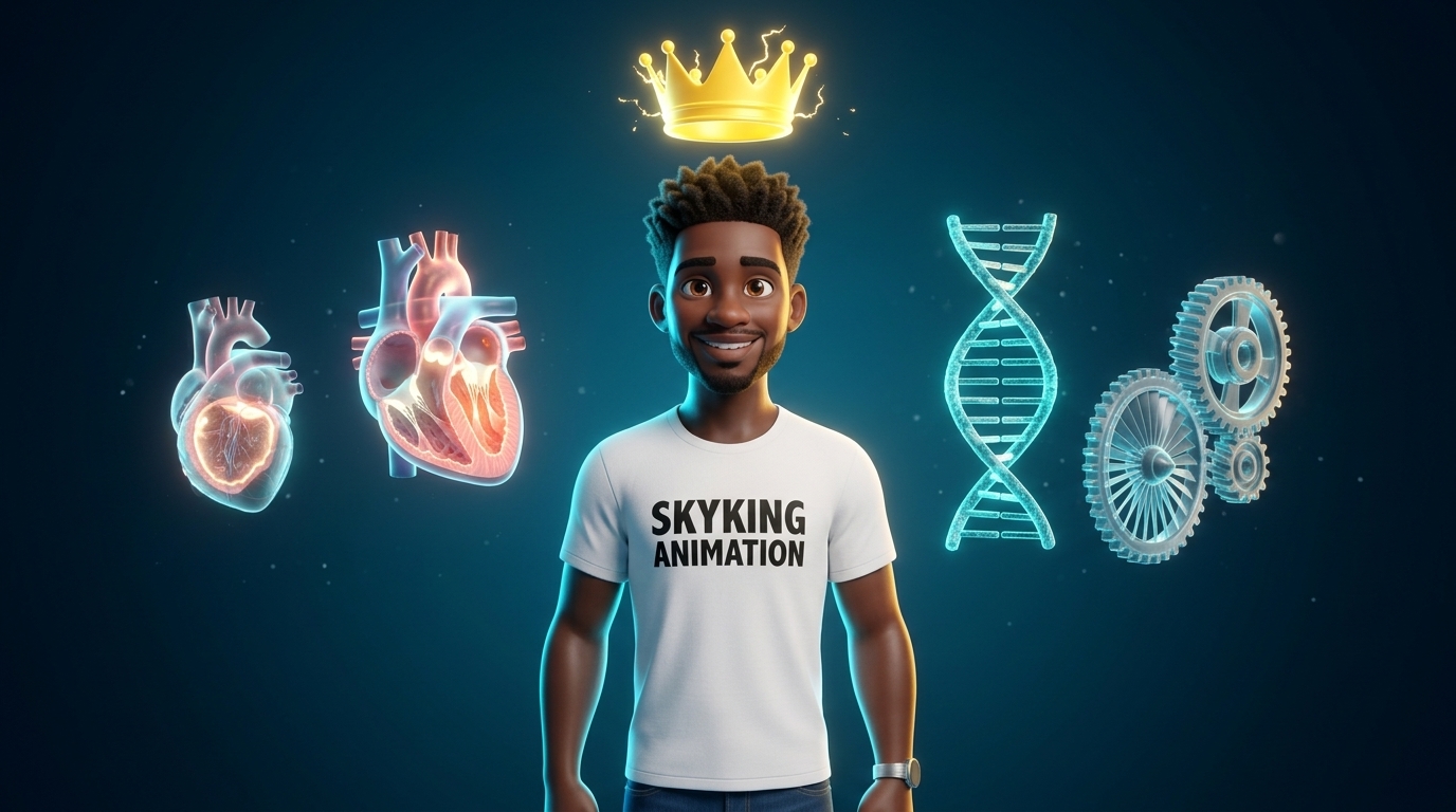 Sky King Animation Official 3D Studio Mascot with Floating Gold Crown and Scientific Holograms